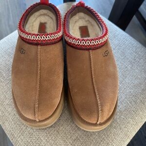 UGG Tan Slippers with Red Trim